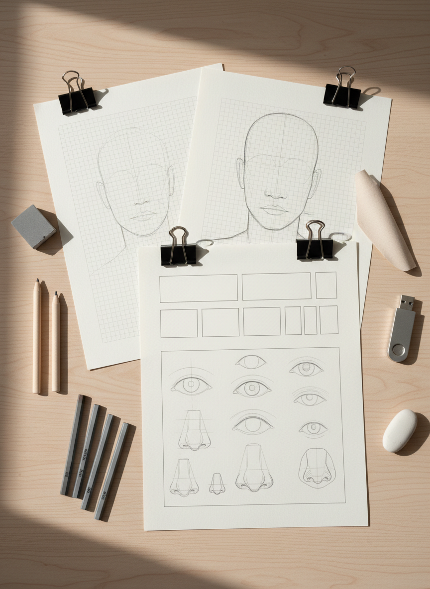 A carefully arranged composition of several clipped-together downloadable drawing templates, visible as blank but clearly structured grids for proportion, facial construction, and value scales, laid on a smooth, neutral-toned desk. Around them, a refined set of drawing tools—graphite sticks, blending stumps, kneaded eraser, and a minimalist USB drive—suggests digital access to educational materials. Soft, indirect daylight from an unseen window creates a gentle gradient of light across the papers, with delicate shadows adding dimensionality. Photographic realism from a top-down perspective, with precise framing so the forms are clear yet no text is legible. The mood is orderly, accessible, and sophisticated, suggesting high-quality, free resources available through a well-organized drawing blog.