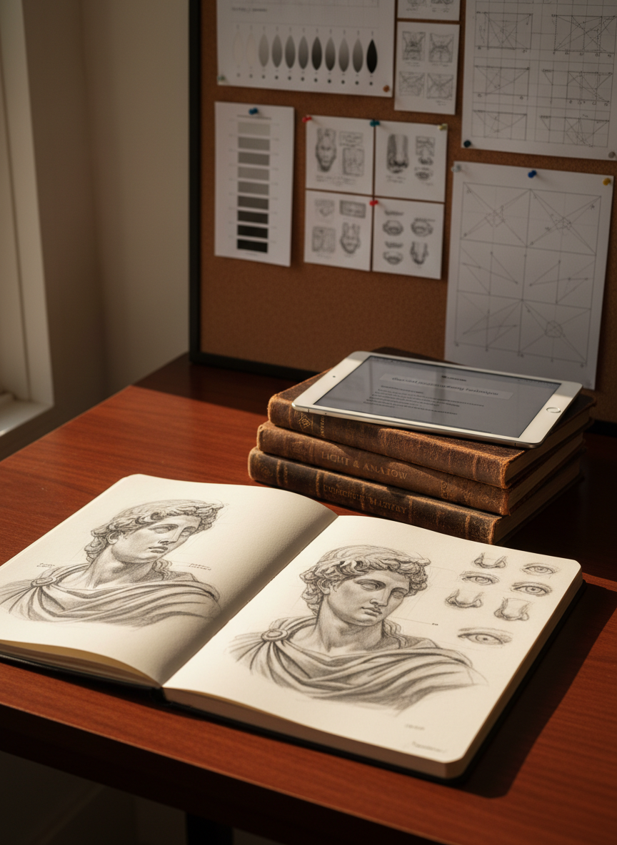 A refined still life of an open sketchbook showing a detailed graphite study of a classical sculpture bust, placed on a dark wooden table beside neatly stacked art theory books and a slim tablet displaying a clean search bar over a drawing blog interface. Behind, a corkboard holds pinned value scales, composition thumbnails, and perspective grids, all carefully arranged. Warm afternoon light from a nearby window grazes the pages at an angle, creating delicate contrast between bright highlights and deep pencil shadows. Photographic realism at a slightly elevated three-quarter angle, with a moderate depth of field so the sketchbook is crisply defined. The atmosphere is studious, sophisticated, and quietly inspiring, ideal for a drawing teacher’s personal resource journal.
