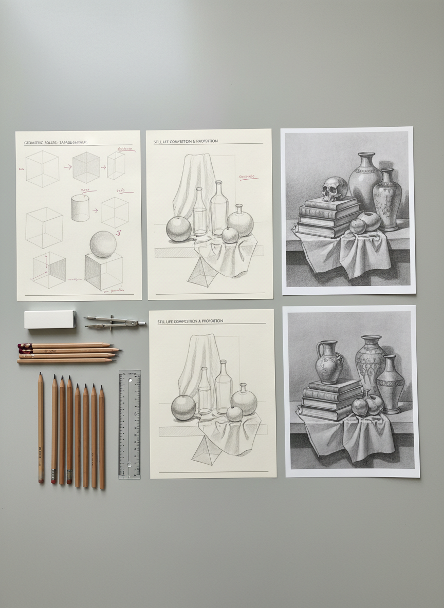 An elegant flat lay of printed drawing lesson plans, carefully annotated worksheets, and high-resolution reproductions of student-style graphite studies of geometric solids and still lifes, spread across a smooth, light gray tabletop. High-quality wooden pencils, precision erasers, rulers, and a metal compass are placed with deliberate order around the documents, suggesting structured educational resources. Diffused overcast light from above creates even illumination with soft, almost imperceptible shadows, emphasizing texture in the paper and pencil marks. Photographic realism, top-down bird’s eye view composition, with a balanced, almost architectural arrangement. The mood is methodical, intellectual, and sophisticated, evoking a serious yet accessible blog focused on drawing education and exam preparation without any distraction from commercial elements.
