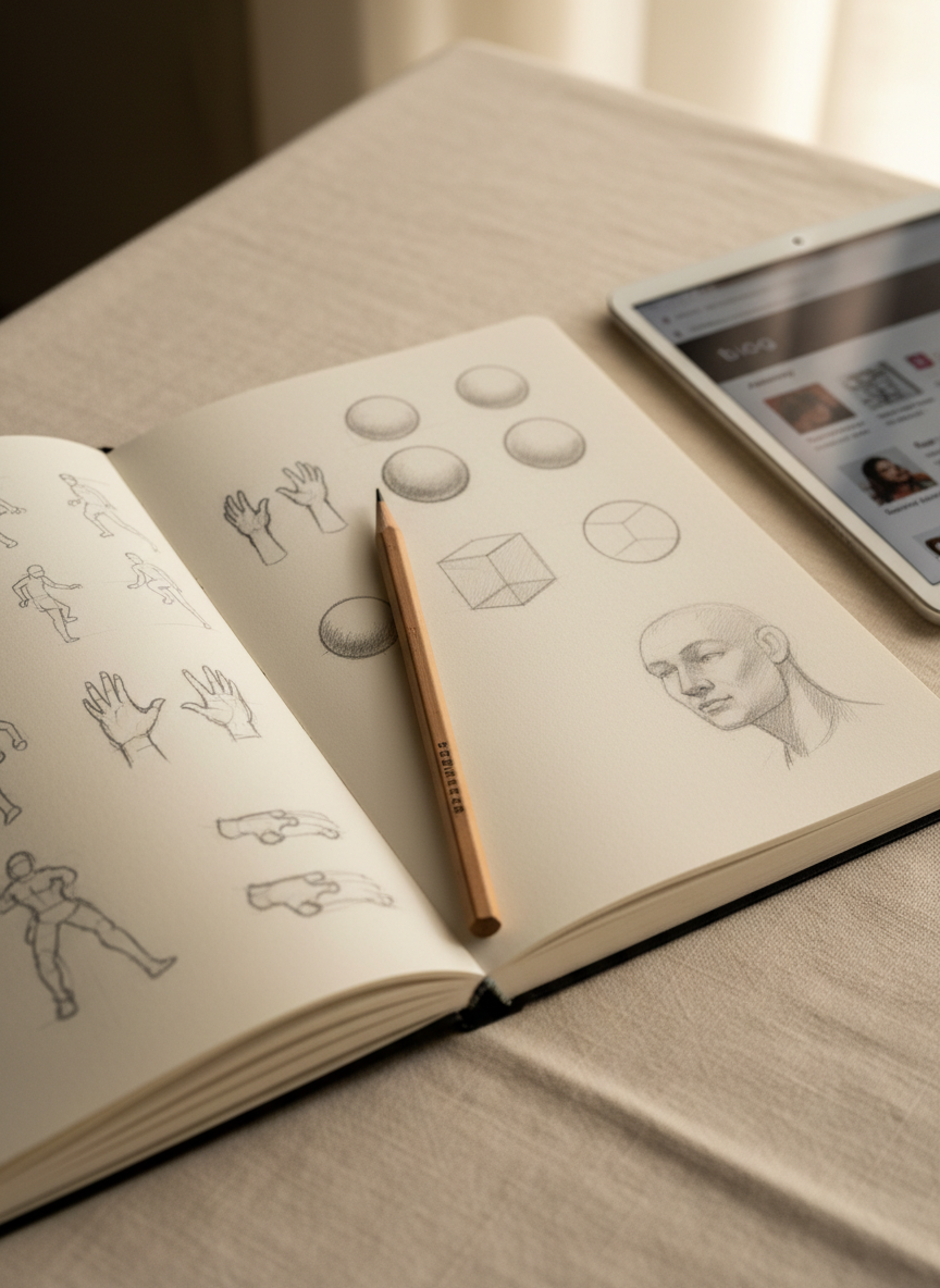 An intimate, photographic close-up of a single page in a sketchbook, filled with progressive studies: loose gesture drawings, refined contour lines, and shaded forms arranged in thoughtful sequence, as if part of a methodical drawing curriculum. A fine graphite pencil rests across the center fold, its wooden body slightly worn but clean. The sketchbook lies on a soft linen surface beside a slim, modern tablet showing a blurred blog layout with categorized drawing topics. Gentle, warm window light from the right side creates calm shadows in the page’s center crease and subtle sheen on the graphite strokes. Eye-level, slightly tilted composition with shallow depth of field, reinforcing an introspective, sophisticated mood suitable for a reflective drawing educator’s diary.